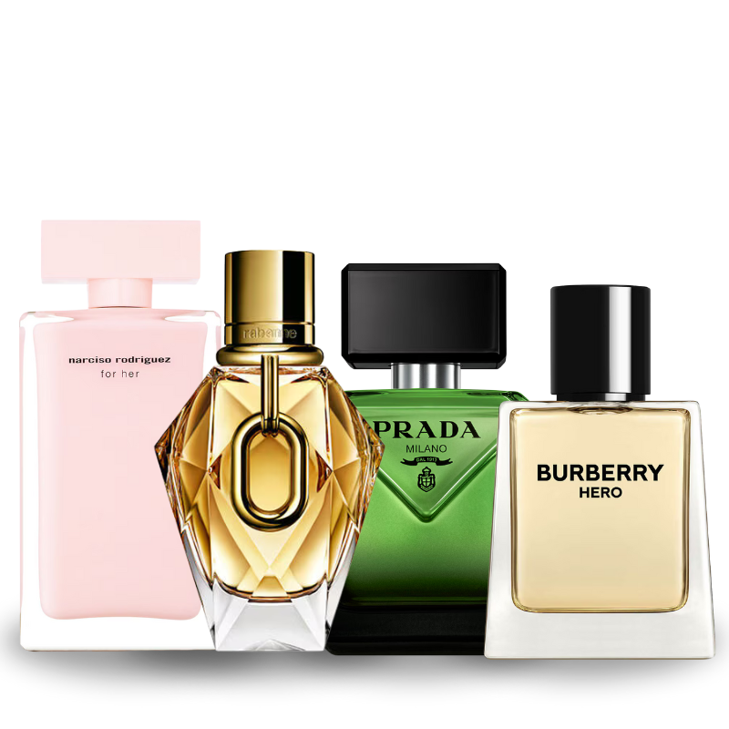 Especial Dia dos Namorados Combo de 4 Perfumes Narciso Rodriguez For Her, Million Gold, Prada Paradigme, Burberry Hero 100ml